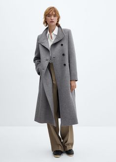 Woolen coat with belt - Women | Mango USA Grey Wool Coat, Oversized Wool Coat, Belted Wrap Dress, Ruffle Jumpsuit, Mango Outlet, Flared Leggings, Wool Coat Women, Classic Coats, Straight Trousers