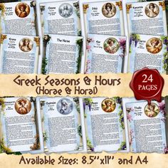 the greek seasons and hours poster is shown in four different sizes, including one for each page