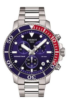 This ultimate water-sports watch boasts a high, diving-level water resistance, luminous details for low-light conditions and an antireflective sapphire face. The chronograph display and colored tachymeter bezel add extra functionality, while a dual-finish bracelet gives it stylish versatility. 45.5mm case; 22mm band width Adjustable bracelet; links can be removed at your local Nordstrom.  Trifold clasp closure with safety latch Quartz movement 60-second, 30-minute and 12-hour subdials Date windo Tissot Seastar 1000, Tissot Seastar, Chrono Watches, Tissot Watches, Ice Watch, Sports Watch, Beautiful Watches, Nixon, Adjustable Bracelet