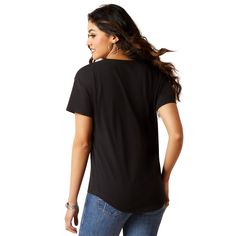 Cotton-knit comfort and ease, complete with charming graphic. Perfect for ride time, barn time, or just plain down time. Screenprint logo and neck label 100% cotton ImportedAriat Viva Mexico T-Shirt | Women's Viva Mexico T-Shirt in Black Cotton, Size: Large by Ariat Comfortable Fit Black Casual T-shirt, Casual Black T-shirt With Comfortable Fit, Casual Black Comfortable T-shirt, Comfortable Black Cotton Top, Black Casual Tops With Comfortable Fit, Professional Bull Riders, Team Roping, Bull Riders, Neck Label