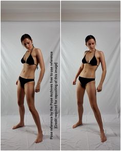 two pictures of a woman in black bikinis with her hands on her hips and the other side of her body