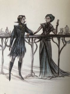 a drawing of two people standing next to each other