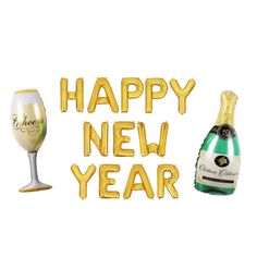 a bottle of champagne and a wine glass with the words happy new year