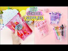 two pictures with different items in them and the words diy school supplies on it