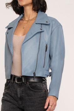 FINAL SALE Fauna Jacket Light blue cropped leather jacket. Notched lapel Front zip closure 100% Lambskin