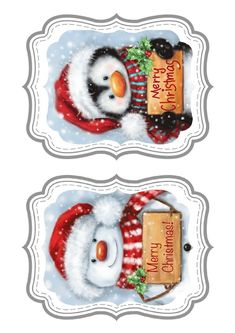 two christmas tags with snowmen and santa hats