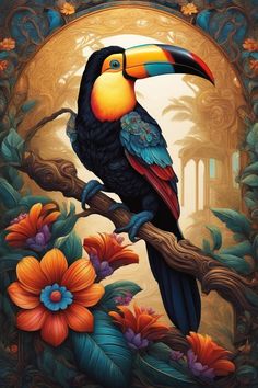 a painting of a toucan sitting on a tree branch with flowers around it