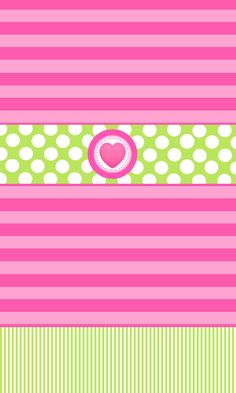 a pink and green striped wallpaper with hearts on the bottom, polka dot border