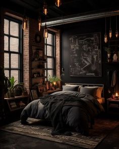 a bedroom with brick walls and lots of lights hanging from the ceiling, along with a large bed covered in black linens