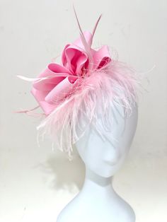 Kentucky Derby Fascinator Headband Hat, Bright Pink Satin Ribbon Hat with Pink Veil, marabou ostrich feather on a Satin lined Metal headband. Choose Pink, Bright Pink or Beige!  Message me! Pink Derby Hats, Holiday Party Headband Fascinator, Kentucky Derby Hat-style Headband Gift, Party Fascinator With Ribbon, Adjustable Pink Mini Hat With Feathers, Spring Fascinator Headband Gift, Kentucky Derby Headband Hat As Gift, Mini Hats With Feather Trim For Weddings On Headbands, Whimsical Pink Headband For Party