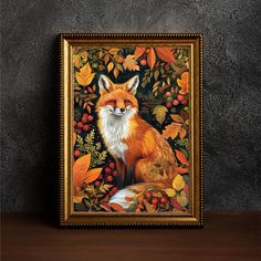 a painting of a fox sitting on top of a wooden table