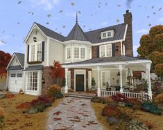 a large white house with lots of windows and fall leaves flying in the air around it