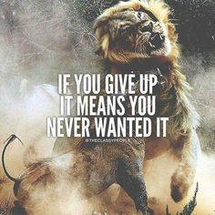 a lion jumping up into the air with its mouth open and it's head in the air, saying if you give up it means you never wanted it