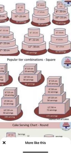 a bunch of different types of cakes on top of each other with numbers and times