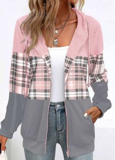 Color:Light Pink;Size:S;Size:M;Size:XL;Size:XXL;Package Contents:1 X Hoodie;Occasion:Other;Style:Casual; Pink Patchwork, Lovely Tops, Sports Hoodies, Pink Long Sleeve, Plaid Jacket, Women Hoodies Sweatshirts, Pink Plaid, Pink Sweatshirt, Print Hoodie