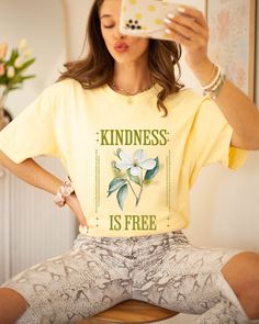 Spread positivity with our "Kindness is Free" Tee, a perfect blend of comfort and style that speaks volumes without saying a word. This motivational t-shirt serves as a gentle reminder that kindness doesn't cost a thing, making it a thoughtful kindness gift for yourself or someone special. With a retro vibe that echoes mom's era, this comfort color shirt is designed for those who appreciate both fashion and a meaningful message. Kindness is Free Tee Celebrate the timeless message of kindness wit Inspirational Relaxed Fit T-shirt For Spring, Inspirational Letter Print T-shirt For Spring, Inspirational Graphic Print T-shirt For Summer, Casual T-shirt With Screen Print For Mother's Day, Inspirational Graphic Print Tops For Summer, Inspirational Graphic Print Summer Tops, Inspirational Summer T-shirt With Letter Print, Trendy Relaxed Fit T-shirt For Mother's Day, Inspirational Crew Neck Tops For Spring