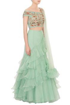 Shop for Mani Bhatia Green Ruffle Layered Lehenga Set for Women Online at Aza Fashions Designer Organza Sets With Ruffles, Wedding Choli With Ruffles And Tiered Skirt, Festive Georgette Lehenga With Ruffles, Festive Designer Lehenga With Ruffles, Designer Ruffled Tiered Lehenga, Traditional Lehenga With Ruffles For Reception, Festive Tiered Ruffle Lehenga, Festive Ruffled Tiered Lehenga, Floor-length Lehenga With Ruffles For Festive Occasions