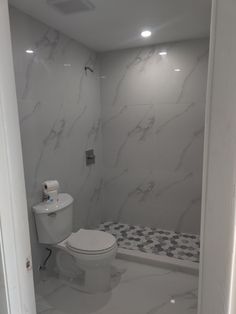 a white toilet sitting inside of a bathroom next to a walk in shower stall and tiled floor