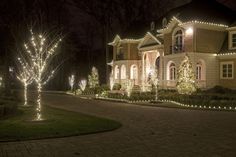 a house with christmas lights on the front lawn and trees in the yard at night