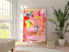 an abstract painting is displayed in the corner of a living room with potted plants