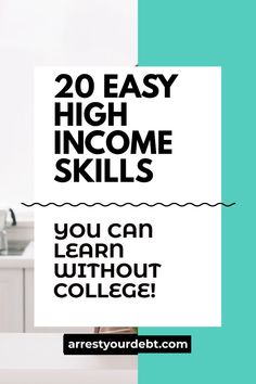 a woman is sitting at her desk in front of a laptop computer with the title 20 easy high - income skills you can learn without college