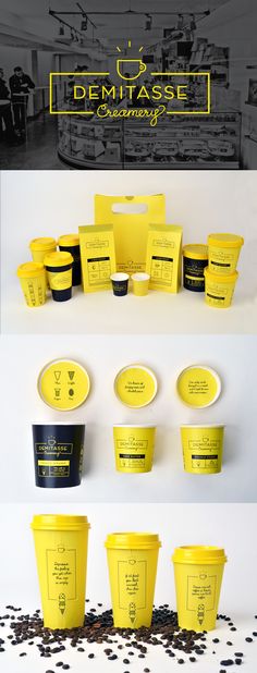 some yellow cups with black and white designs on them, all in different positions to be used