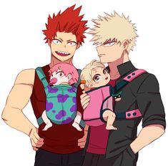 two men with red hair and one holding a baby in his arms, while the other is