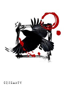 a black bird is flying in the air with red paint splatters on it