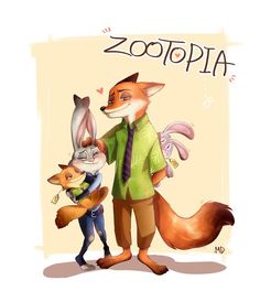 a drawing of a man and two animals with the word zootopia on it