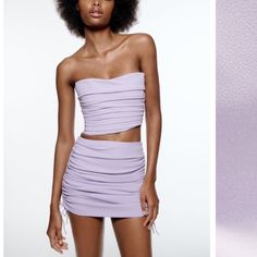 Zara Light Lavender, Light Purple, Draped Corset Cropped Tube Top And Women’s Matching Draped Adjustable Skirt. Nwt Please Read:The Set Is Two Different Sizes. The Top Is A Xs And The Skirt Is A Medium. If You Would Like To Buy A Piece Separate Just Message Me. *The Top Has A Spot Between One Of The Folds (See Last Picture). It Should Come Out After Washed. It’s Not Noticeable Anyways Because That Part Folds Over. -Matching Draped Set -Zip Side On Top -Zip Back On Skirt -Skirt Is Adjustable With Side Ties To Make It Shorter Or Longer -Strapless Tube-Top, Corset Style Top -Cropped Top Style -Spring, Summer -Vacation -Cruise,Beach -Warmer Weather -Party/Celebration -Bar/Nig Fitted Purple Mini Skirt For Spring, Fitted Lavender Skirt For Party, Purple Mini Skirt For Spring Night Out, Lavender Party Skirt For Summer, Summer Party Skirt In Lavender, Zara Purple Skirt For Spring, Summer Party Lavender Skirt, Purple Tube Top For Beach Summer, Spring Club Mini Tube Top