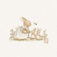 a watercolor painting of two rabbits and a teapot with honey in it,