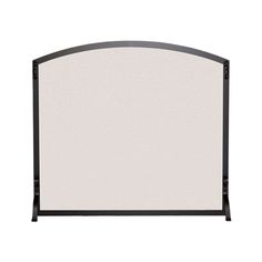 a white and black fireplace screen with an iron frame on the top, against a white background