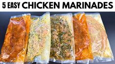 five different types of chicken marinades in plastic bags