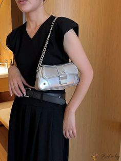 BirdinBag - Adjustable Shoulder Strap Metallic Glossy Avant-garde Underarm Bag Silver Bag, Silver Bags, Chain Pattern, Envelope Bag, Underarm Bag, Style Minimalist, Polyester Material, Pu Leather, Shoulder Strap