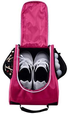 a pink bag with tennis shoes in it