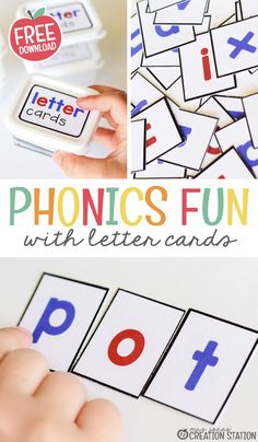 a collage of photos with the words phonics fun and letters to match