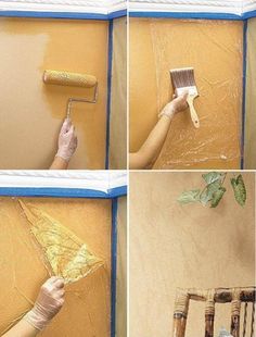 four pictures showing how to paint a wall with different colors and techniques, including brush