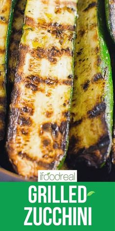 grilled zucchini in a pan with text overlay