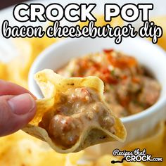 the recipe for bacon cheeseburger crock pot dip is shown in this ad