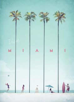 a group of people standing on top of a beach next to palm trees and the words miami