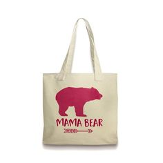 Custom tote bag decorated with "Mama Bear" and a trendy arrow graphic in pink.Canvas Tote Bag measures 14.5" x 15" with a 5" gusset and is a high quality 12 Ounce 100% cotton canvas. Reinforced bottom and 22" handlesI use a high quality heat transfer printing process for a vibrant, permanent, long lasting image that will not fade, peel or rub off. Pink Canvas Tote Bag, Arrow Graphic, Bear Canvas, Birthday Goodie Bags, Grocery Tote Bag, Pink Canvas, Grocery Tote, Custom Tote Bags, New Mom Gift