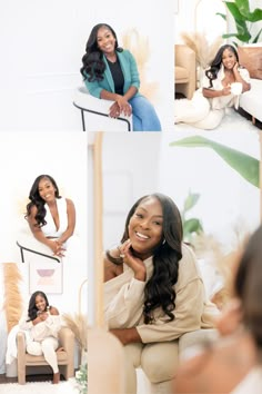 a woman sitting in a chair and smiling at the camera