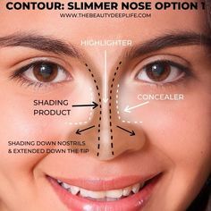 Thinner Nose Contouring, Contour Nose Shapes, Nose Makeup Tricks, How To Nose Contour, How To Contour Your Nose, Picnic Makeup, How To Contour Nose, Contour Hacks, Mtf Makeup