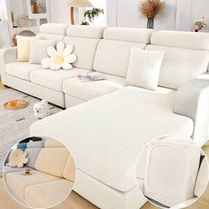 a living room filled with white furniture and lots of pillows