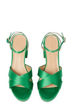 Sleek satin creates visual intrigue on an ankle-strap sandal balanced by a bold platform and wrapped block heel. 2 1/2" heel Textile upper/leather lining/synthetic sole Made in Italy Green Heel Strap Sandals For Evening, Evening Green Sandals With Heel Strap, Green Evening Sandals With Heel Strap, Green Evening Sandals With Wrapped Heel, Green Block Heels For Summer Evenings, Green Block Heels For Evening Summer Events, Green Block Heel Sandals For Evening, Green Evening Sandals With Block Heel, Green Platform Sandals For Evening