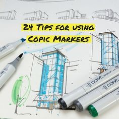 two markers and some pens on top of a paper with the words 24 tips for using copic markers