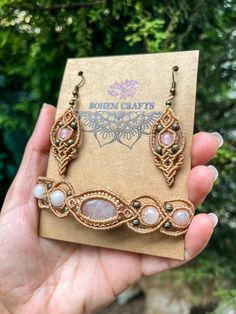 -Handmade macrame bracelet and earring set. Pink Macrame Jewelry As A Gift, Macrame Dangle Jewelry As Gift, Macrame Dangle Jewelry Gift, Macrame Dangle Jewelry For Gifts, Bohemian Rose Gold Hand Wrapped Jewelry, Bohemian Adjustable Rose Quartz Jewelry, Adjustable Bohemian Rose Quartz Jewelry, Pink Bohemian Macrame Jewelry, Bohemian Pink Macrame Jewelry