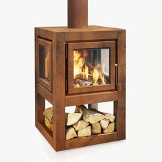 a wood burning stove with logs in it