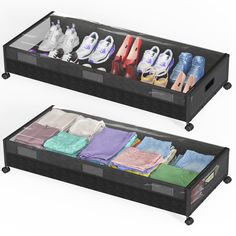 two black trays filled with pairs of shoes