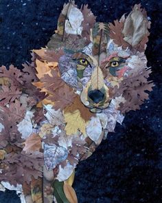 a collage of leaves and a wolf's face on a dark background with snow